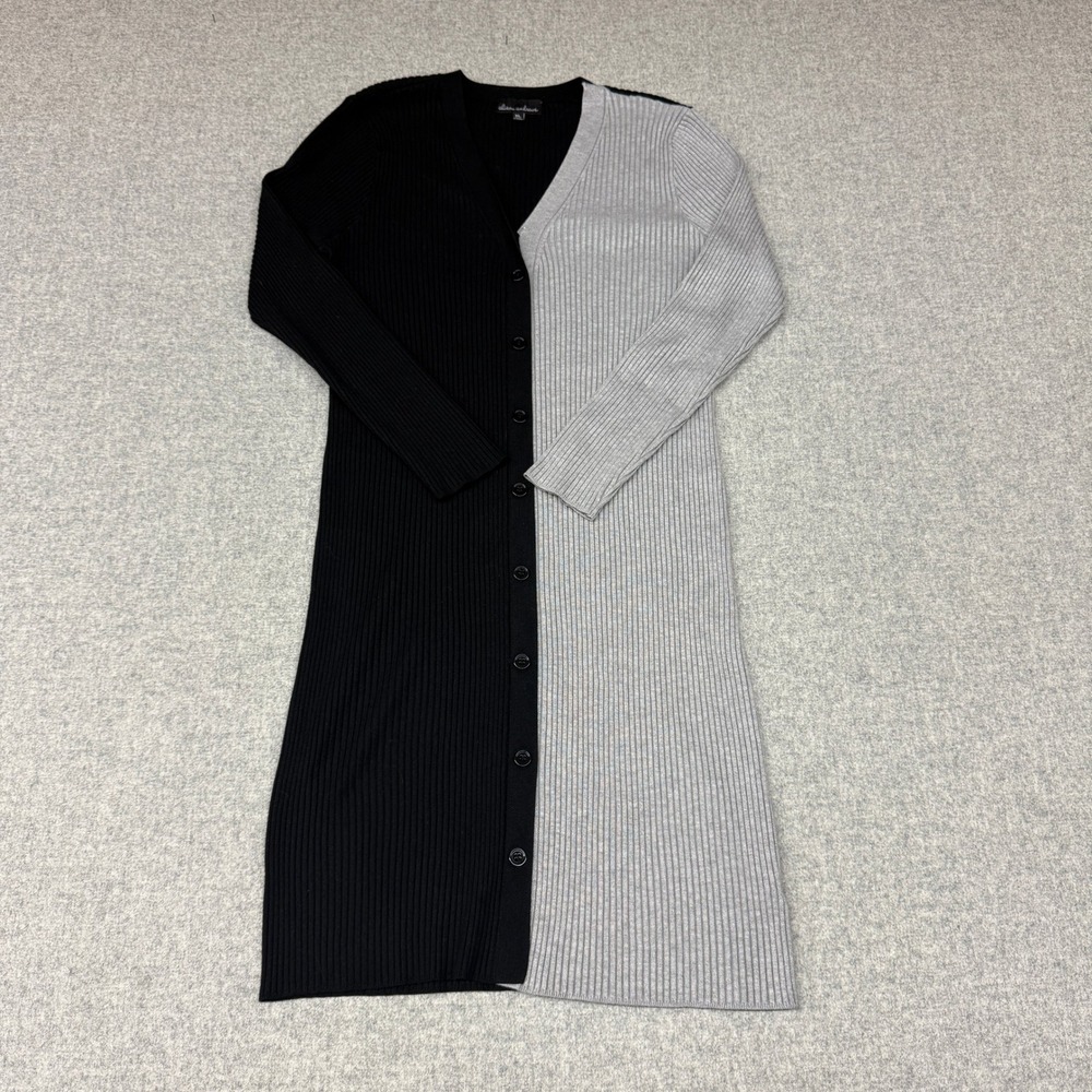 Alison Andrews Cardigan XL Black Gray Two Tone Ribbed Longline Button Front Swea
